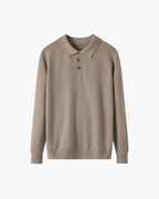 Wool Knit Polo Shirt with Button Placket, Long Sleeve - Brown
