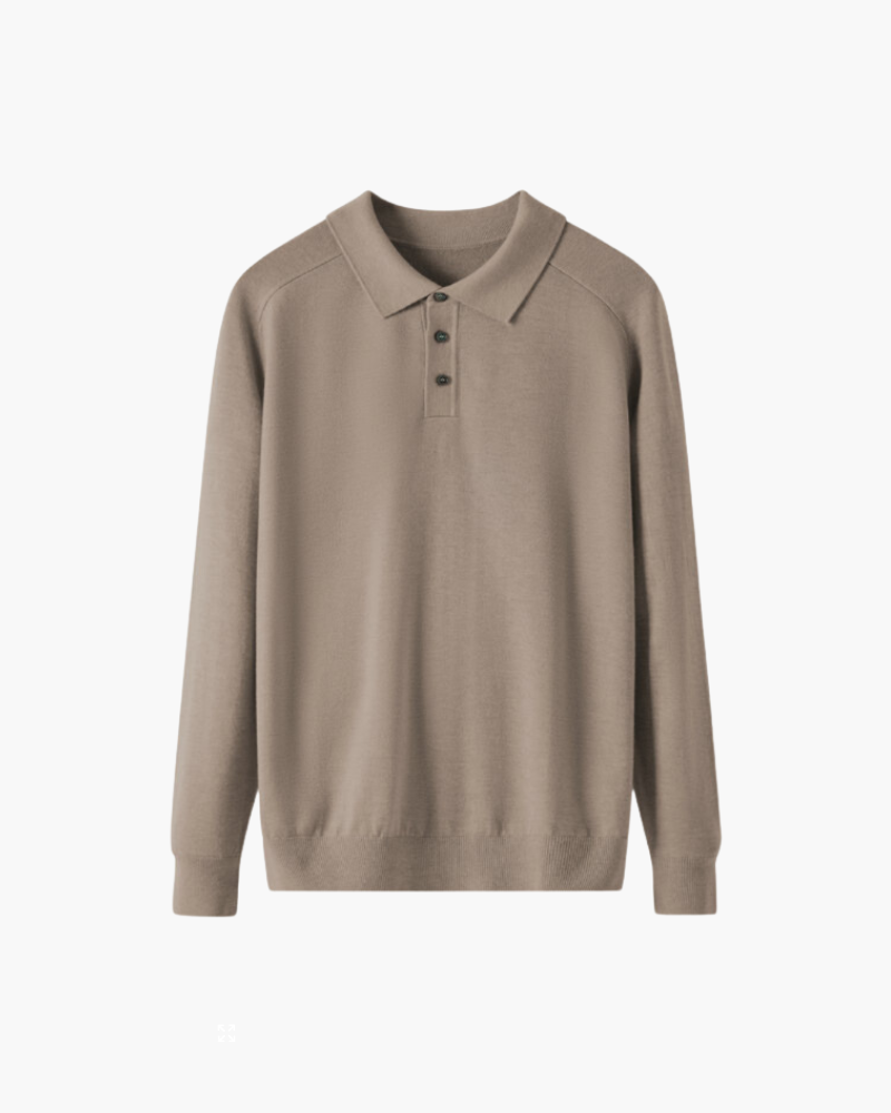 Wool Knit Polo Shirt with Button Placket, Long Sleeve - Brown
