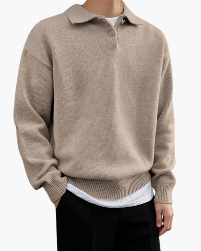 Wool Knit Polo with Button Placket and Ribbed Trims, Long Sleeve - Beige