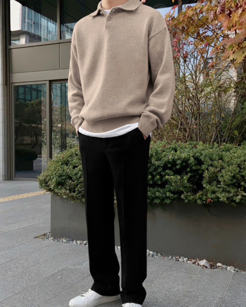 Wool Knit Polo with Button Placket and Ribbed Trims, Long Sleeve