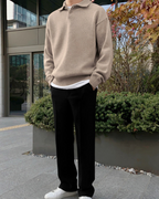 Wool Knit Polo with Button Placket and Ribbed Trims, Long Sleeve
