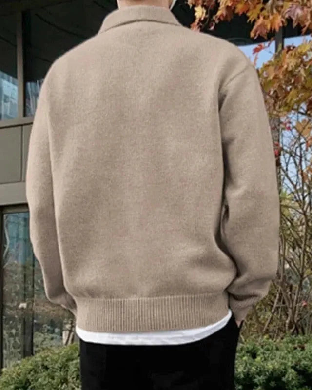 Wool Knit Polo with Button Placket and Ribbed Trims, Long Sleeve