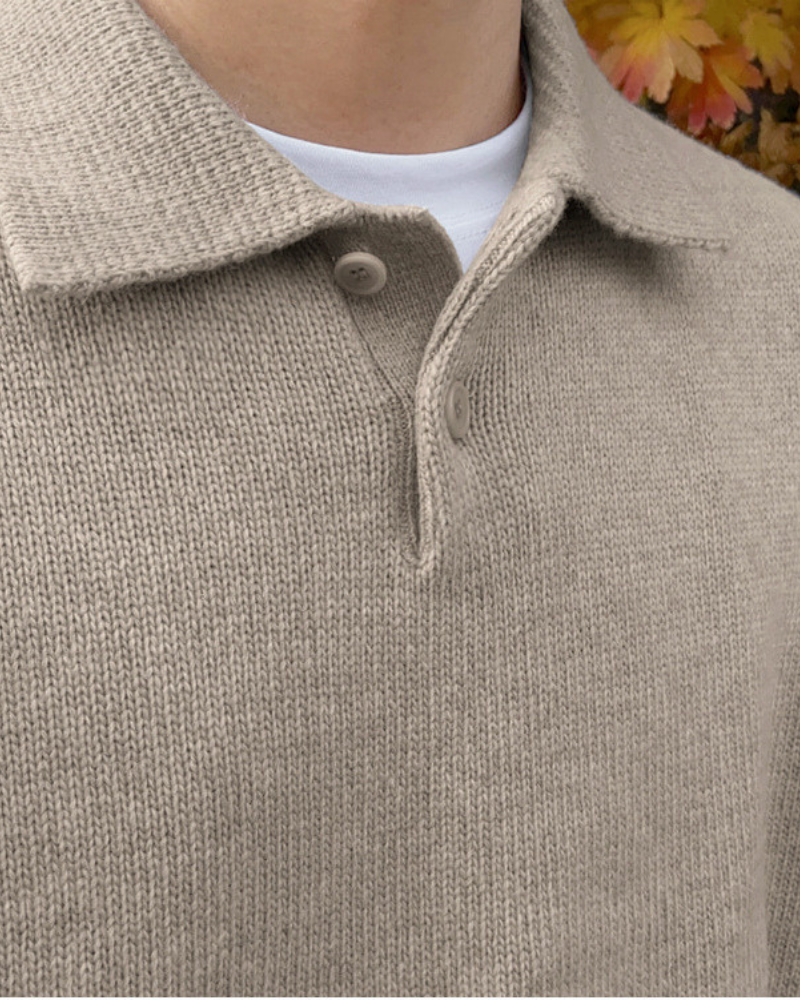 Wool Knit Polo with Button Placket and Ribbed Trims, Long Sleeve