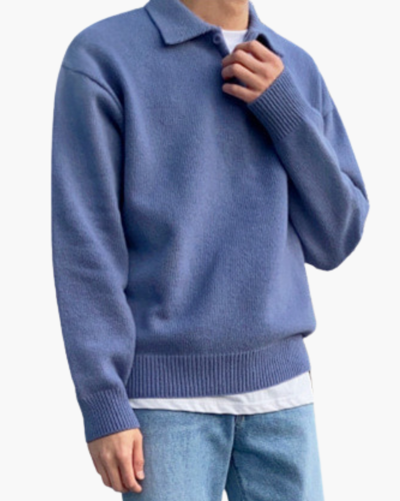 Wool Knit Polo with Button Placket and Ribbed Trims, Long Sleeve