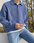 Wool Knit Polo with Button Placket and Ribbed Trims, Long Sleeve - Blue