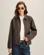 Wool Look Zip Jacket with Point Collar and Slant Pockets - Coffee