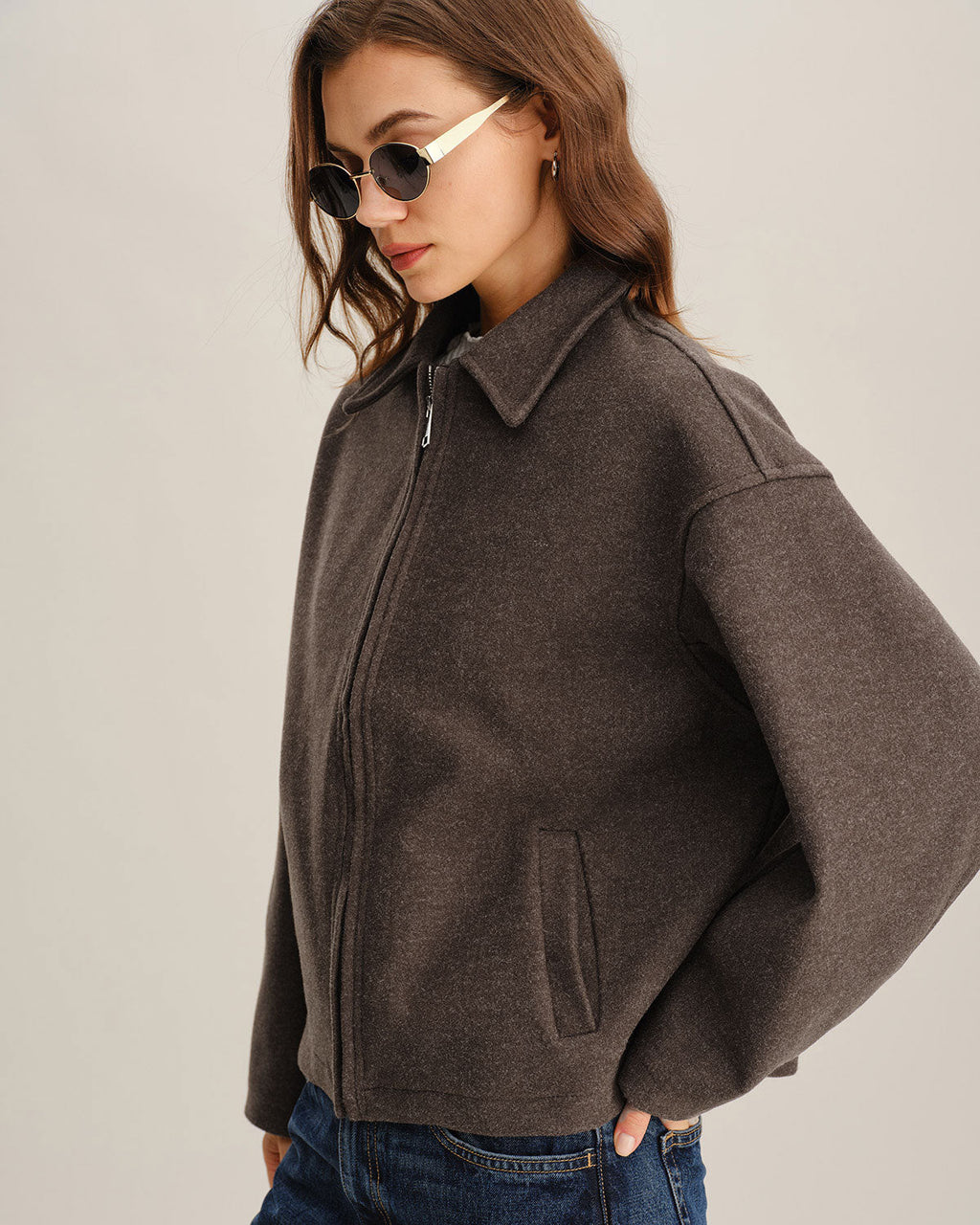 Wool Look Zip Jacket with Point Collar and Slant Pockets - Coffee