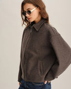 Wool Look Zip Jacket with Point Collar and Slant Pockets - Coffee