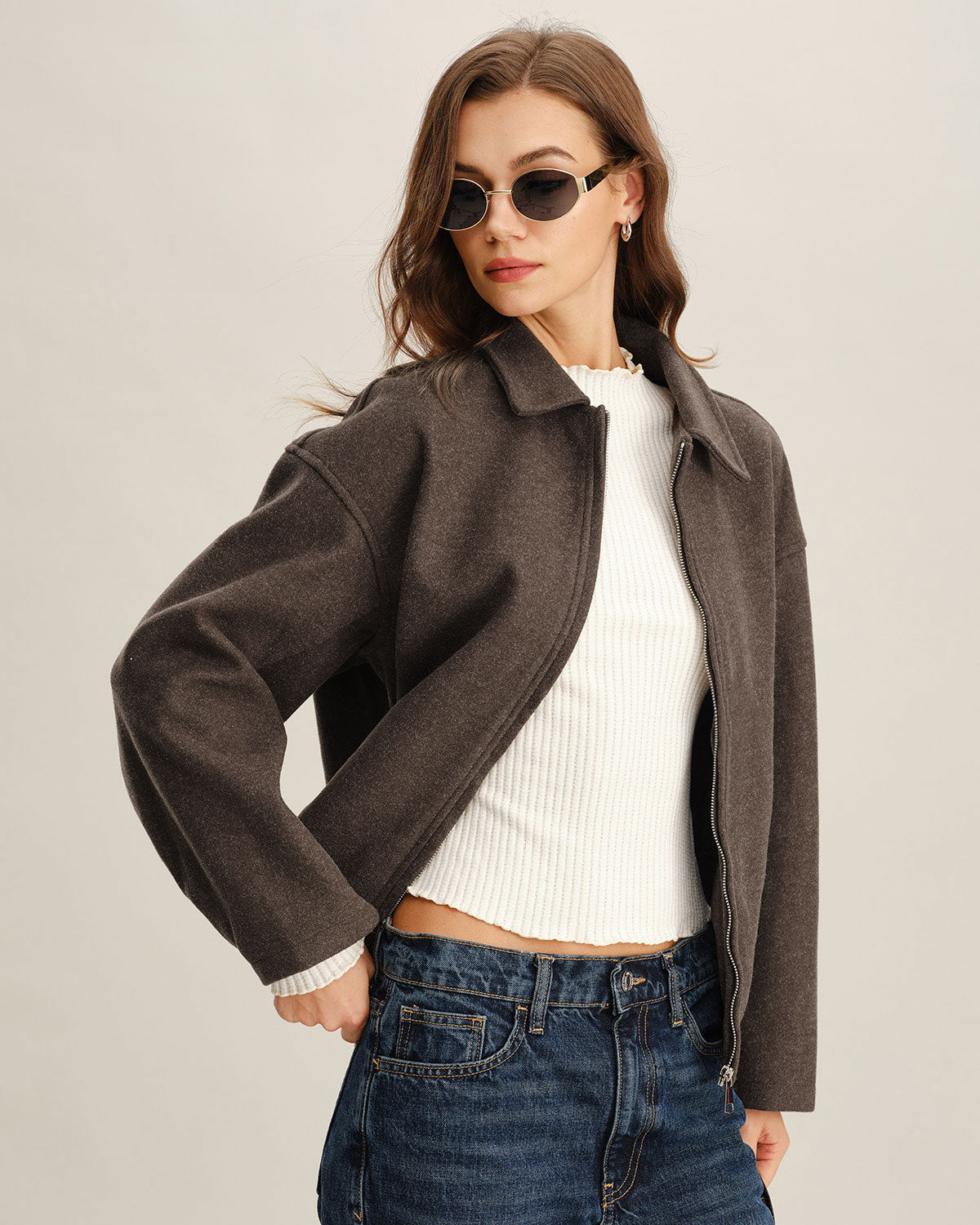 Wool Look Zip Jacket with Point Collar and Slant Pockets - Coffee