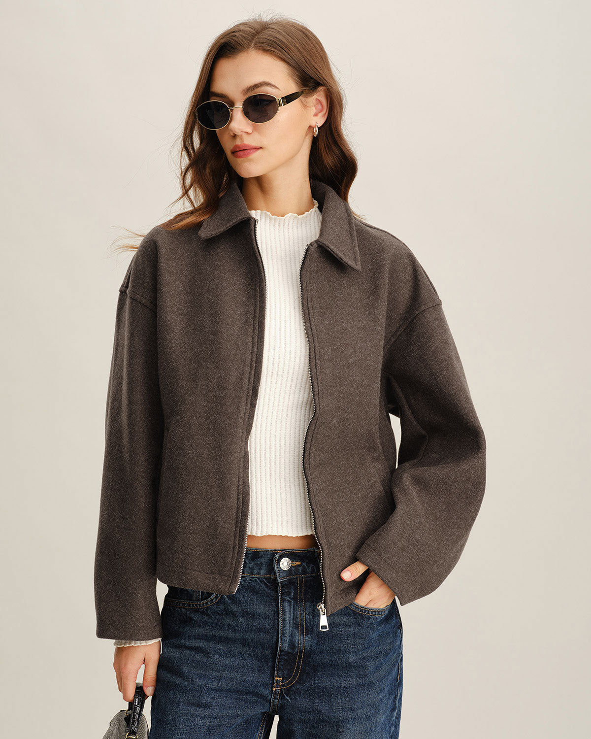Wool Look Zip Jacket with Point Collar and Slant Pockets - Coffee