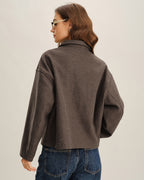 Wool Look Zip Jacket with Point Collar and Slant Pockets - Coffee