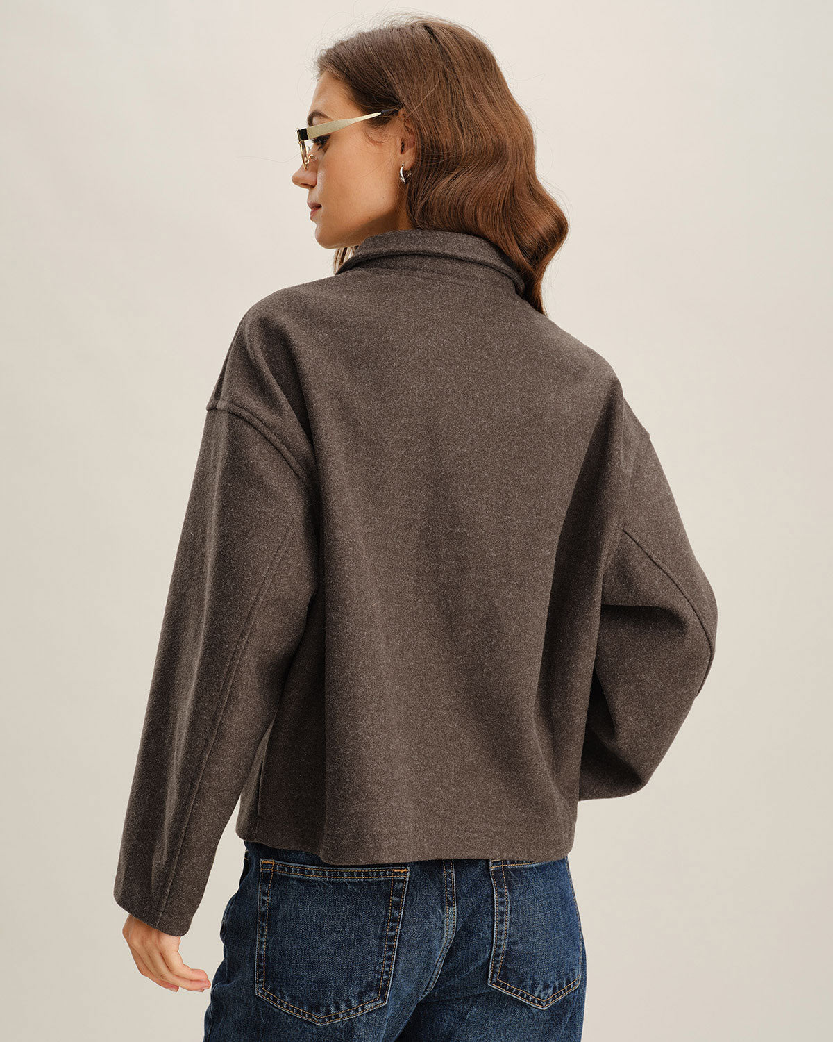 Wool Look Zip Jacket with Point Collar and Slant Pockets - Coffee