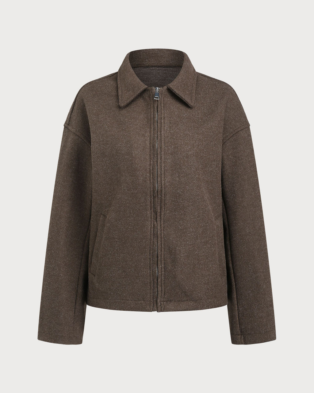 Wool Look Zip Jacket with Point Collar and Slant Pockets - Coffee