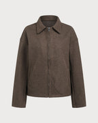 Wool Look Zip Jacket with Point Collar and Slant Pockets - Coffee