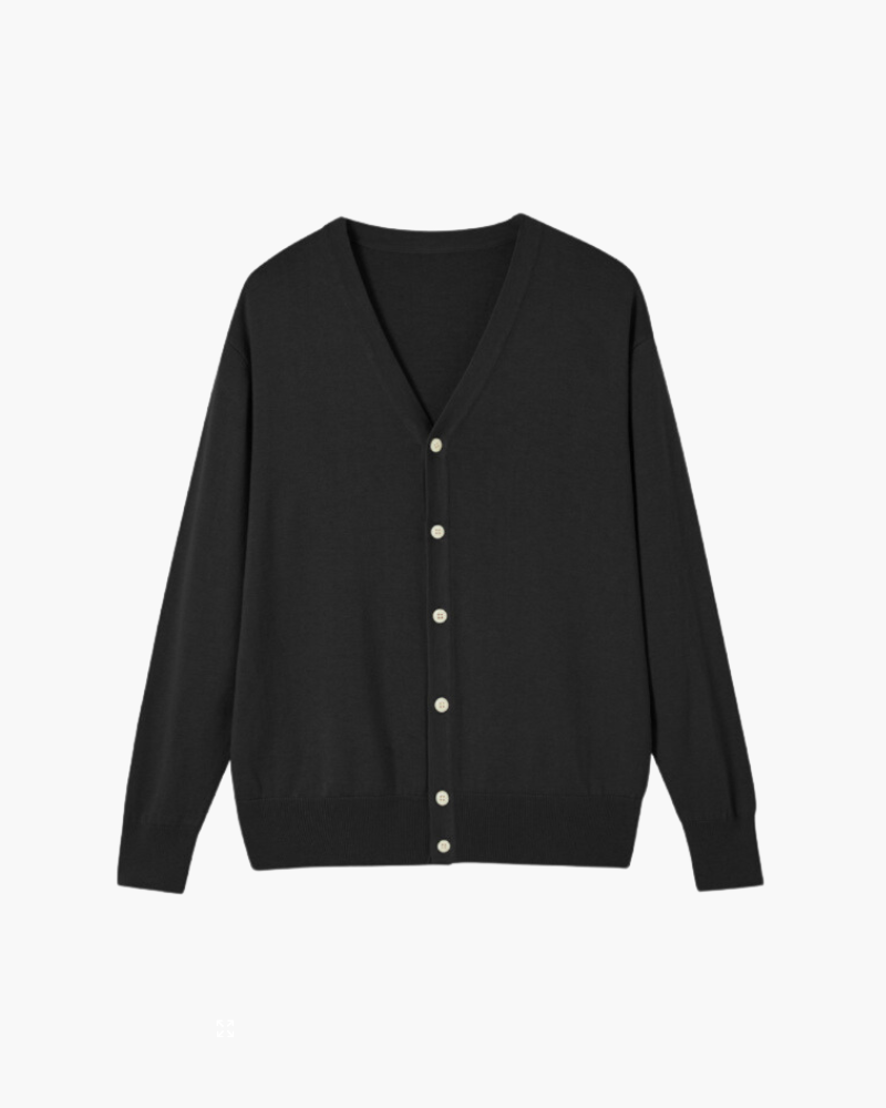 Wool V Neck Cardigan with Full Button Front, Long Sleeve - Black