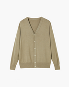 Wool V Neck Cardigan with Full Button Front, Long Sleeve - Beige