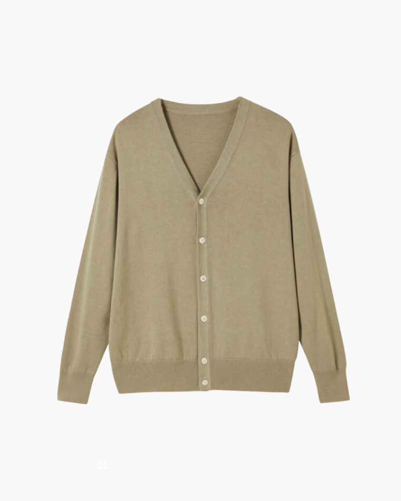 Wool V Neck Cardigan with Full Button Front, Long Sleeve - Beige