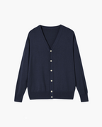 Wool V Neck Cardigan with Full Button Front, Long Sleeve - Navy