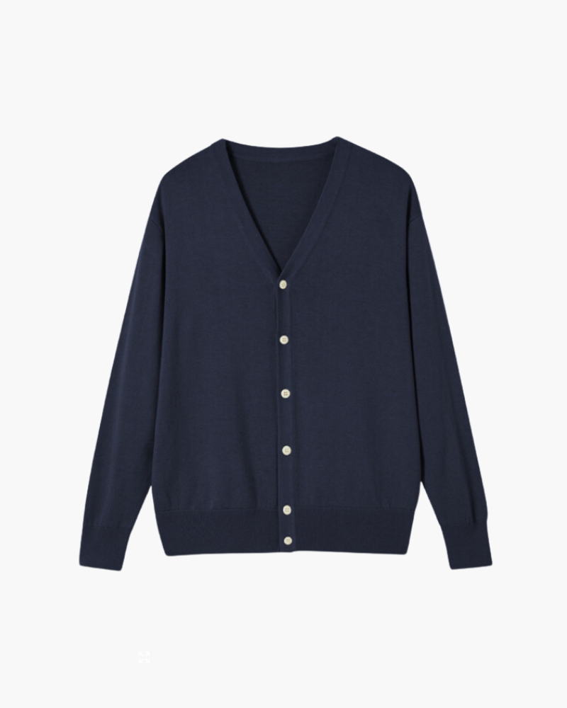 Wool V Neck Cardigan with Full Button Front, Long Sleeve - Navy