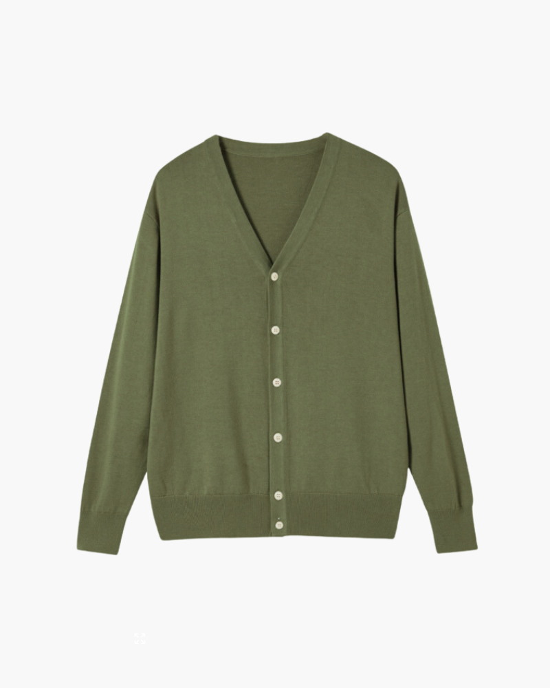 Wool V Neck Cardigan with Full Button Front, Long Sleeve - Green