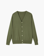 Wool V Neck Cardigan with Full Button Front, Long Sleeve - Green