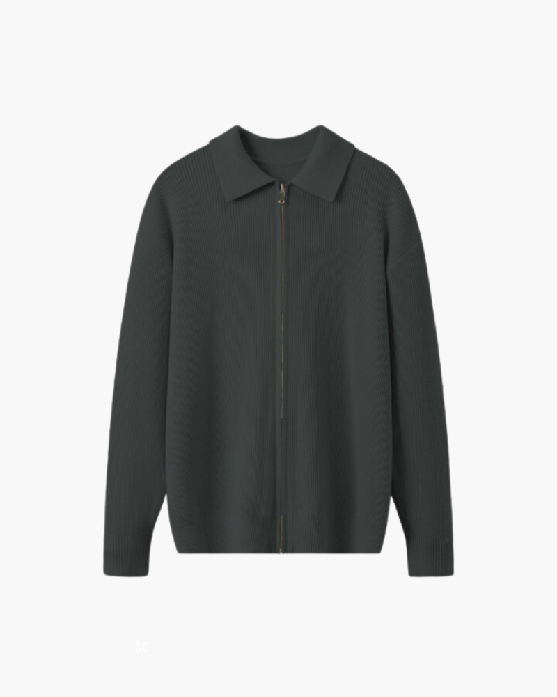 Wool Zip Jumper with Polo Collar and Ribbed Trims - Grey