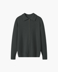Wool Zip Jumper with Polo Collar and Ribbed Trims - Grey