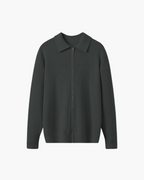 Wool Zip Jumper with Polo Collar and Ribbed Trims - Grey