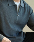 Wool Zip Jumper with Polo Collar and Ribbed Trims