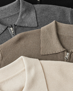 Wool Zip Jumper with Polo Collar and Ribbed Trims