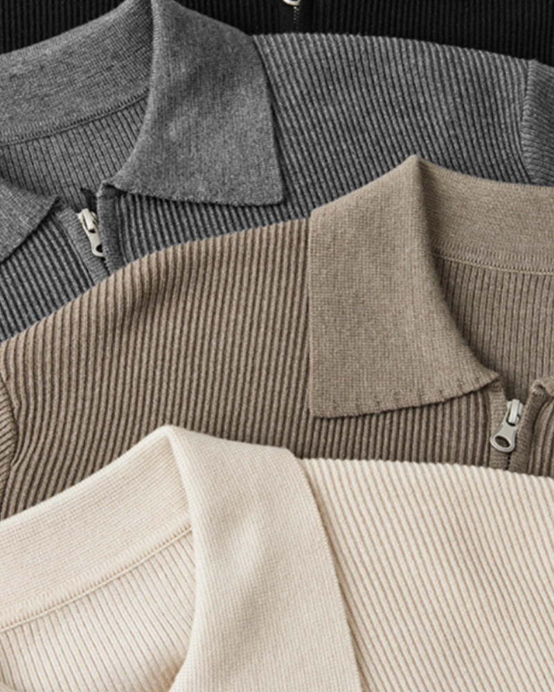 Wool Zip Jumper with Polo Collar and Ribbed Trims