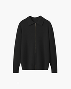 Wool Zip Jumper with Polo Collar and Ribbed Trims - Black