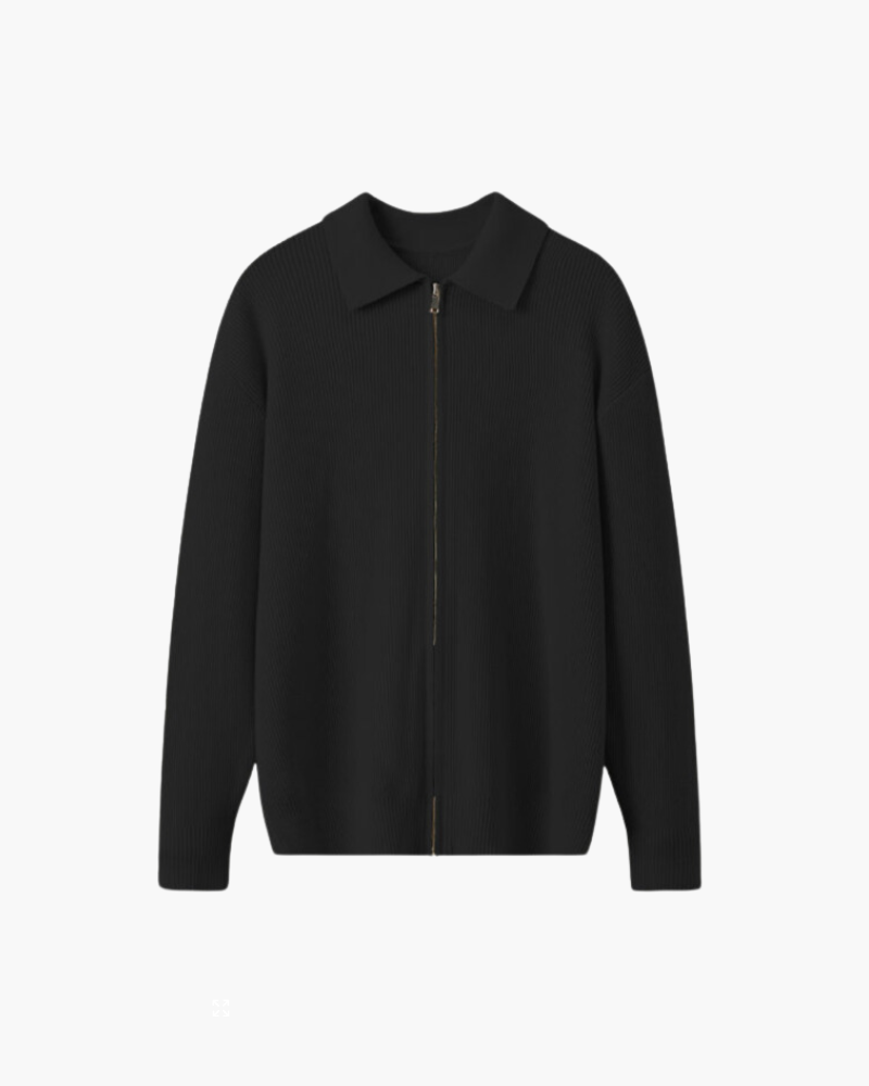 Wool Zip Jumper with Polo Collar and Ribbed Trims - Black