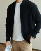 Wool Zip Jumper with Polo Collar and Ribbed Trims