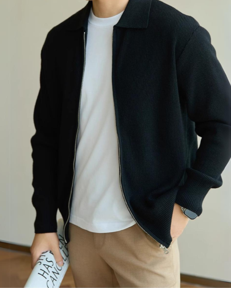 Wool Zip Jumper with Polo Collar and Ribbed Trims