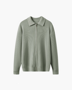 Wool Zip Jumper with Polo Collar and Ribbed Trims - Green