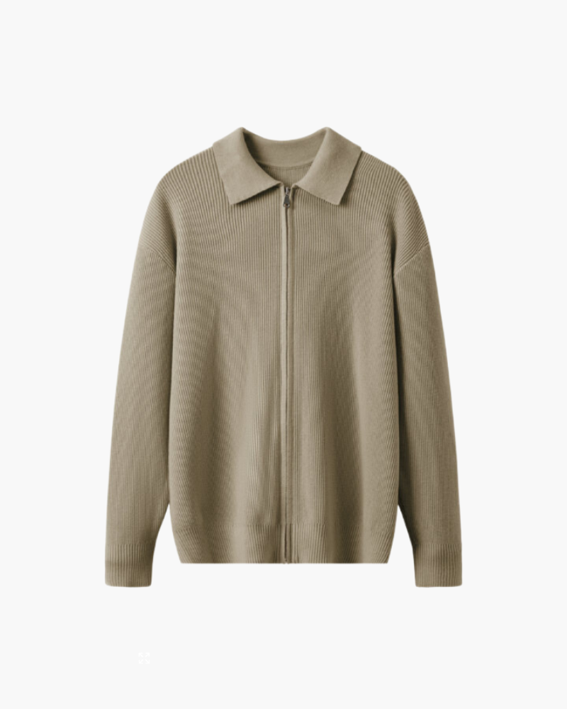 Wool Zip Jumper with Polo Collar and Ribbed Trims - Beige