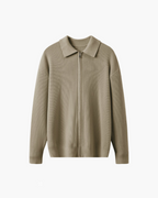 Wool Zip Jumper with Polo Collar and Ribbed Trims - Beige