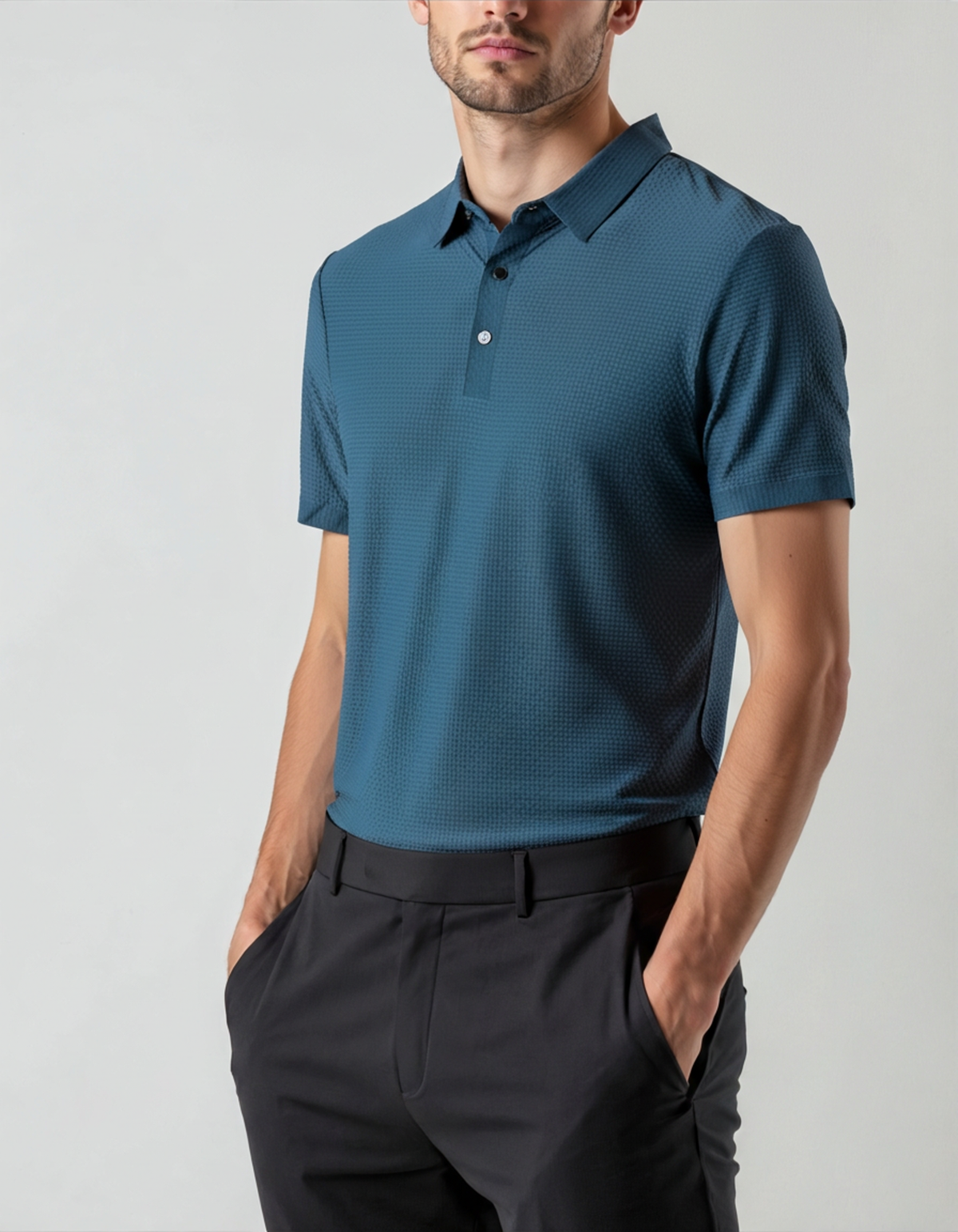 Zip Polo Shirt with Silky Mesh Knit, Short Sleeve - Navy