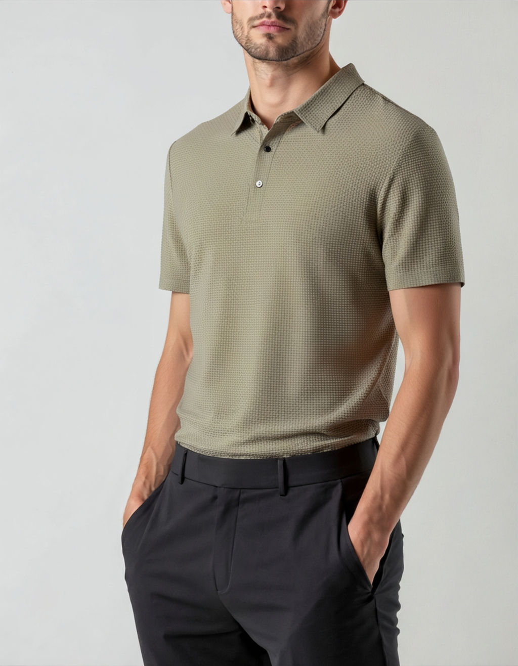 Zip Polo Shirt with Silky Mesh Knit, Short Sleeve - Light Green