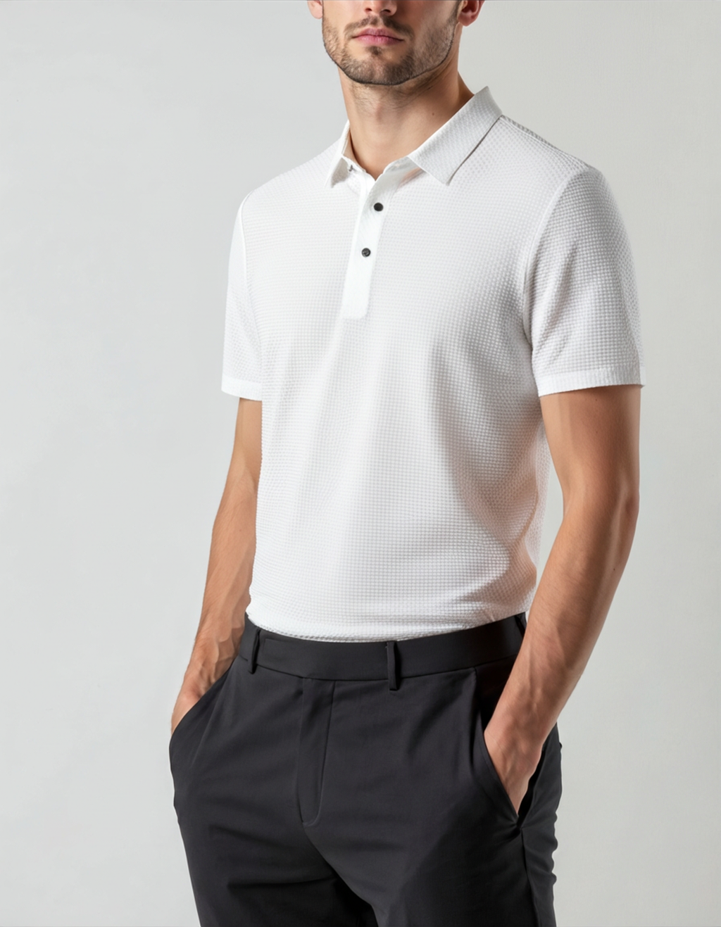 Zip Polo Shirt with Silky Mesh Knit, Short Sleeve - White