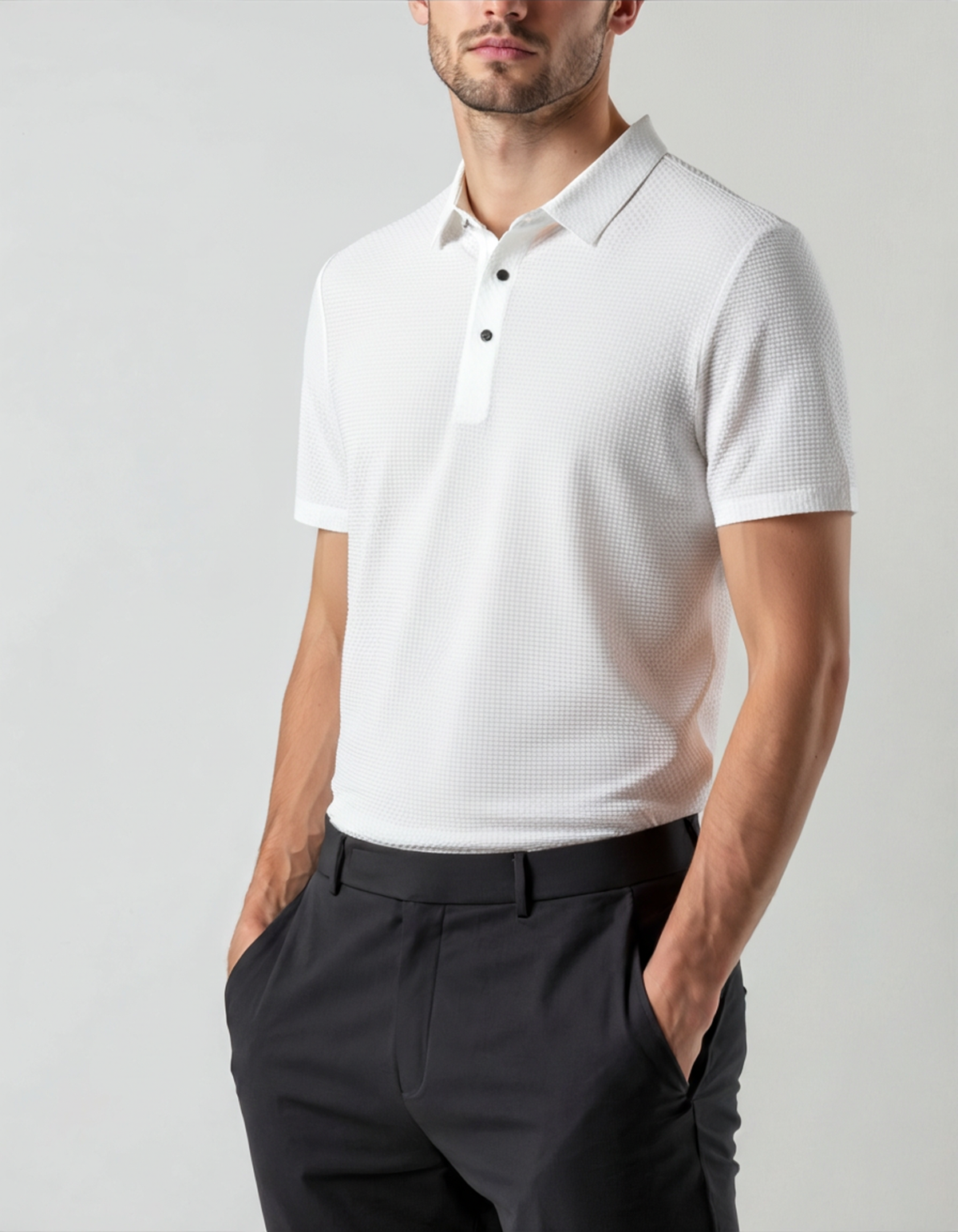 Zip Polo Shirt with Silky Mesh Knit, Short Sleeve - White