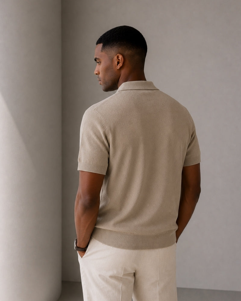Zip Up Polo Shirt with Mesh Knit and Contrast Trim, Short Sleeve