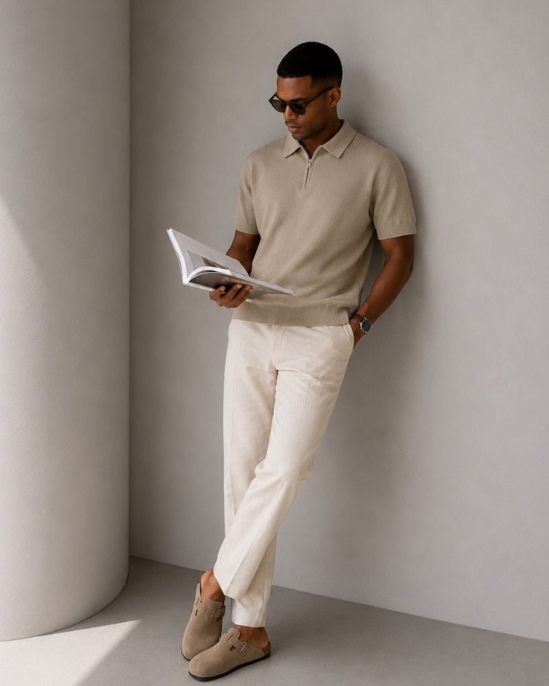 Zip Up Polo Shirt with Mesh Knit and Contrast Trim, Short Sleeve