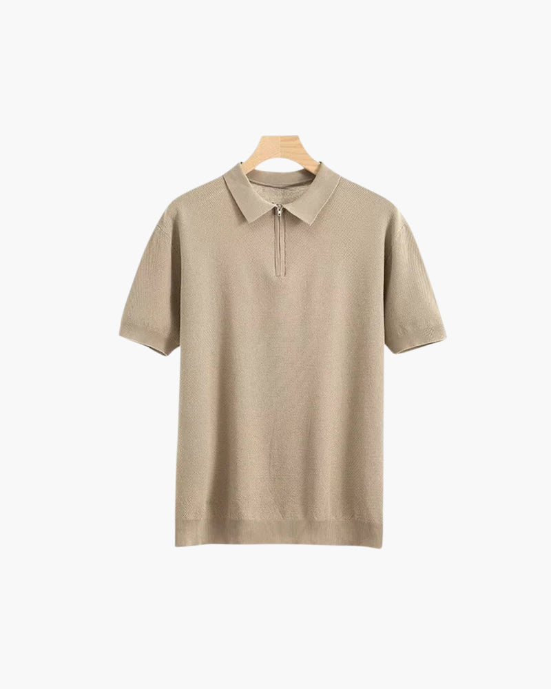 Zip Up Polo Shirt with Mesh Knit and Contrast Trim, Short Sleeve - Beige