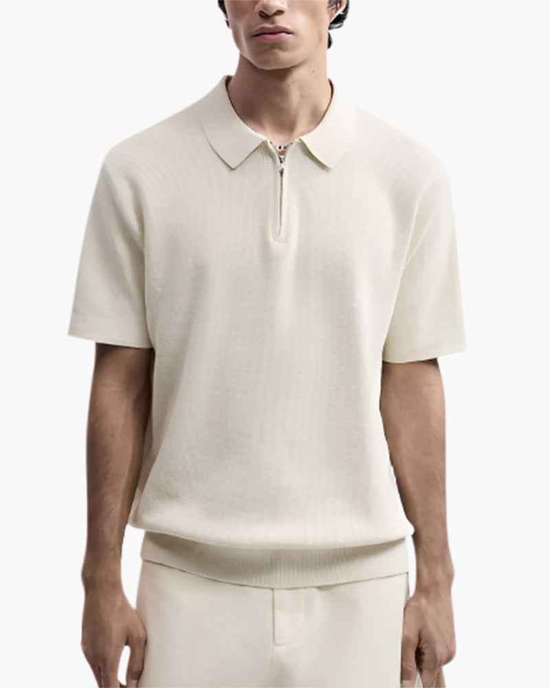 Zip Up Polo Shirt with Mesh Knit and Contrast Trim, Short Sleeve