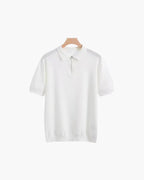 Zip Up Polo Shirt with Mesh Knit and Contrast Trim, Short Sleeve - White
