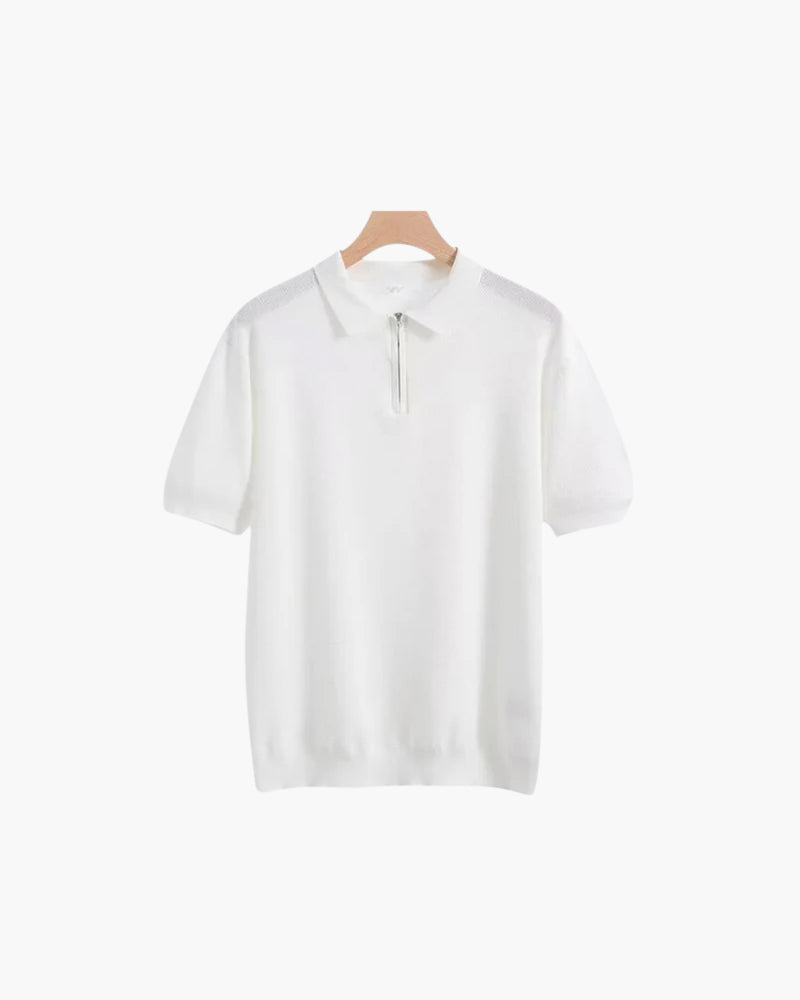 Zip Up Polo Shirt with Mesh Knit and Contrast Trim, Short Sleeve - White