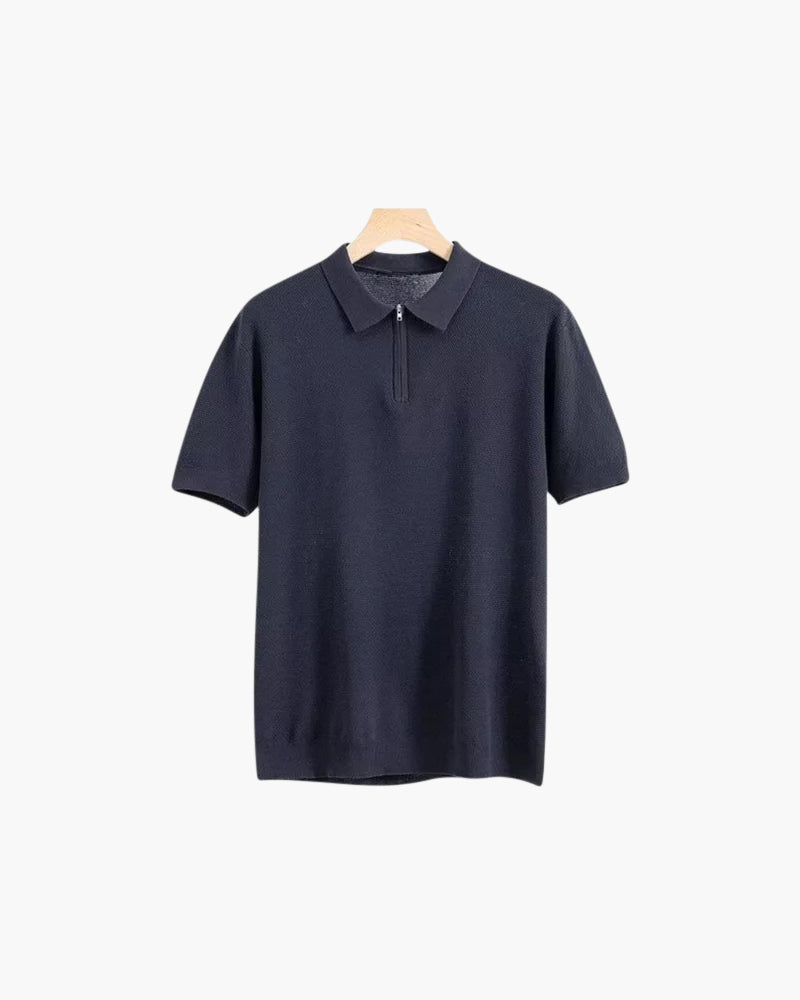 Zip Up Polo Shirt with Mesh Knit and Contrast Trim, Short Sleeve - Navy