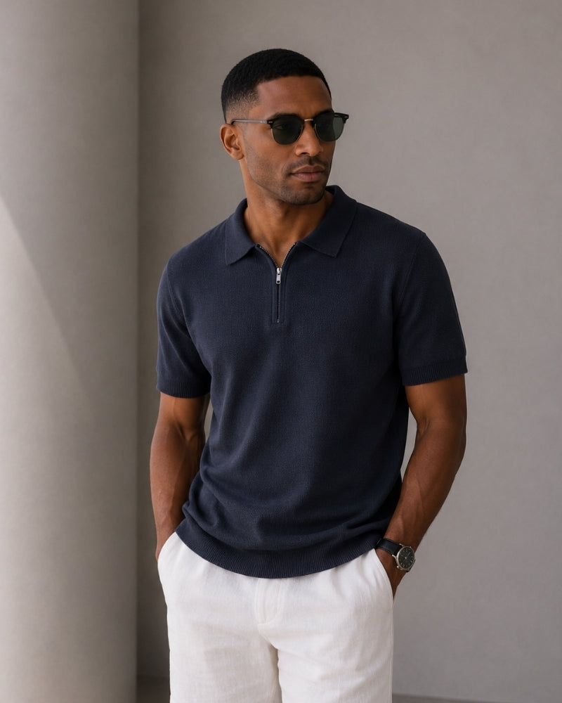 Zip Up Polo Shirt with Mesh Knit and Contrast Trim, Short Sleeve